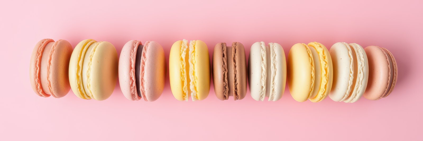 Colorful macarons arranged in a neat line against a pink background showcasing their delicate textures and vibrant colors
